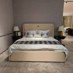 Light Beige Upholstered Bed with Brand Emblem, Navy Accent Stripe & Gold Stainless Steel Feet